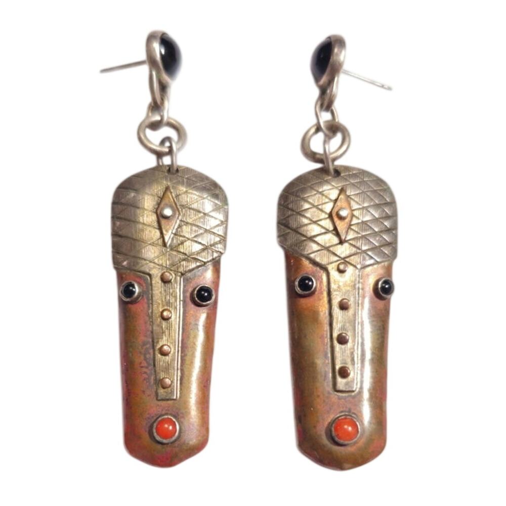 Vintage 1980s Willy Strasser Mixed Metal Face Tassel Drop Earrings